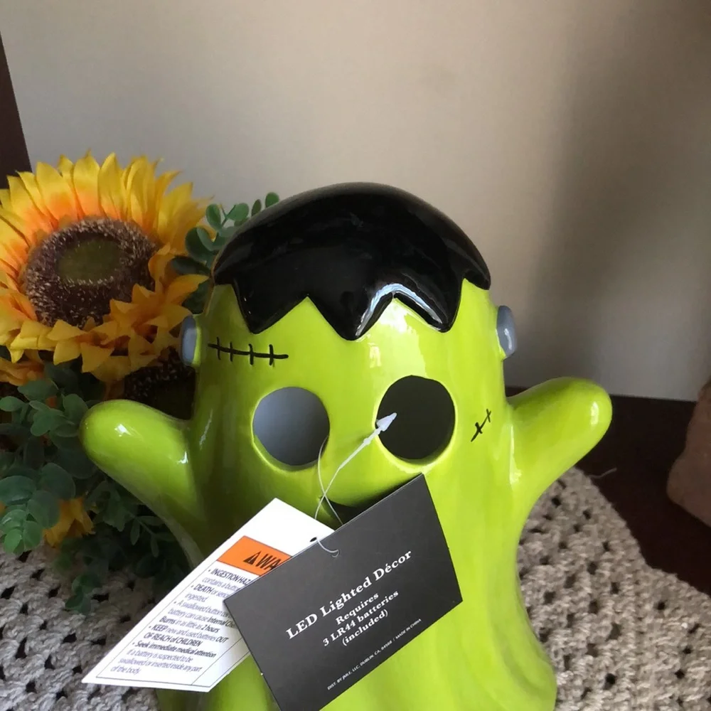Green Ceramic Halloween Frankenstein Decoration - LED Lighted Decor
